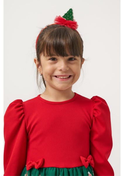 Kız Çocuk Pamuklu Kırmızı Üst ve Yeşil Ağaç Desenli Tüllü Elbise - Yılbaşı Özel Koleksiyonu