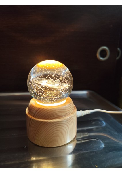 Dönen Ahşap Standlı 3D Kristal Küre - Gezegen,dünya,ay,gül,yunus ve Galaksi Modelleri