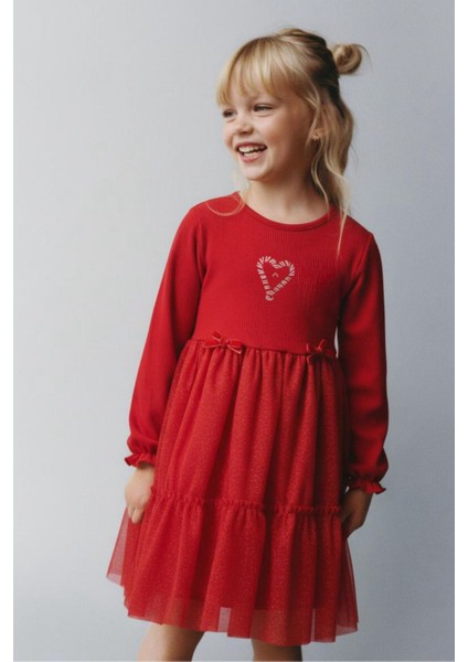 Kız Çocuk Pamuklu Kırmızı Baston Şeker Kalp Desenli Tüllü Elbise - Fırfırlı Parıltılı Etek Detaylı