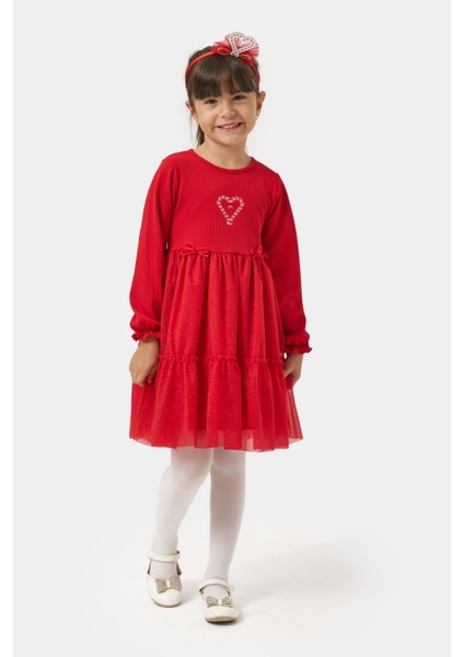 Kız Çocuk Pamuklu Kırmızı Baston Şeker Kalp Desenli Tüllü Elbise - Fırfırlı Parıltılı Etek Detaylı fiyatları