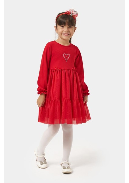 Kız Çocuk Pamuklu Kırmızı Baston Şeker Kalp Desenli Tüllü Elbise - Fırfırlı Parıltılı Etek Detaylı modelleri