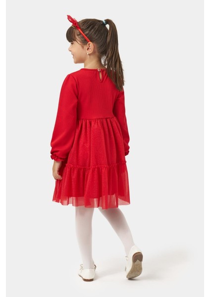 Kız Çocuk Pamuklu Kırmızı Baston Şeker Kalp Desenli Tüllü Elbise - Fırfırlı Parıltılı Etek Detaylı fırsatları