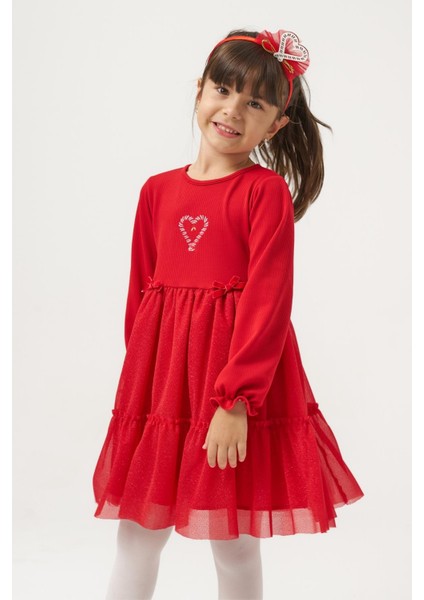 Kız Çocuk Pamuklu Kırmızı Baston Şeker Kalp Desenli Tüllü Elbise - Fırfırlı Parıltılı Etek Detaylı indirimleri