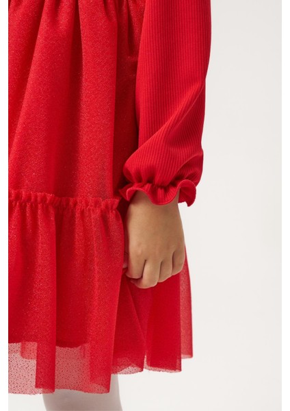 Kız Çocuk Pamuklu Kırmızı Baston Şeker Kalp Desenli Tüllü Elbise - Fırfırlı Parıltılı Etek Detaylı