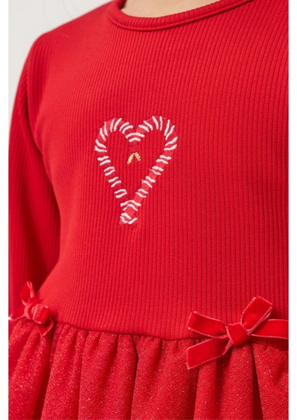 Kız Çocuk Pamuklu Kırmızı Baston Şeker Kalp Desenli Tüllü Elbise - Fırfırlı Parıltılı Etek Detaylı