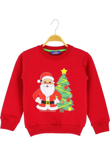 Noel Baba ve Ağaç Baskılı Yılbaşı Yeniyıl Kırmızı Sweatshirt
