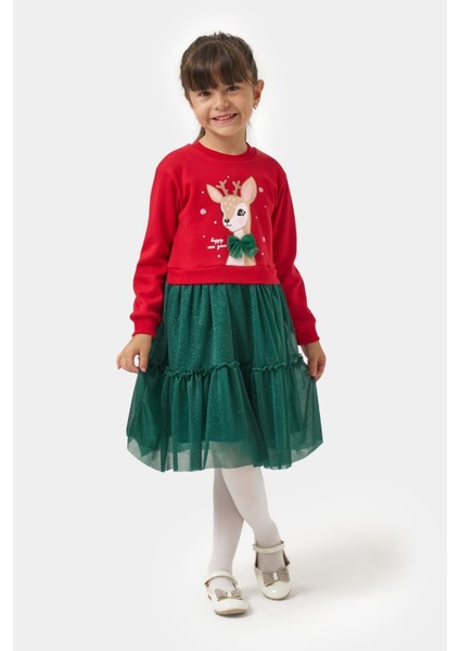 Kız Çocuk Pamuklu Kırmızı Geyik Desenli Sweatshirt ve Yeşil Tül Etek Takımı - Yılbaşı Konseptli fiyatları