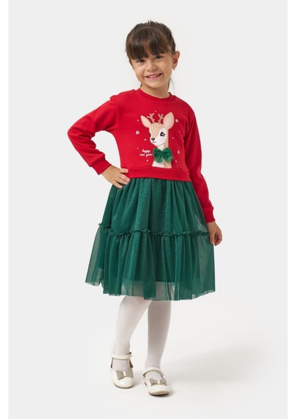 Kız Çocuk Pamuklu Kırmızı Geyik Desenli Sweatshirt ve Yeşil Tül Etek Takımı - Yılbaşı Konseptli modelleri