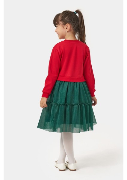 Kız Çocuk Pamuklu Kırmızı Geyik Desenli Sweatshirt ve Yeşil Tül Etek Takımı - Yılbaşı Konseptli fırsatları