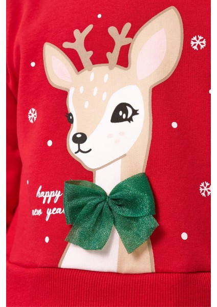 Kız Çocuk Pamuklu Kırmızı Geyik Desenli Sweatshirt ve Yeşil Tül Etek Takımı - Yılbaşı Konseptli