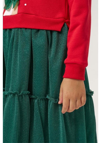 Kız Çocuk Pamuklu Kırmızı Geyik Desenli Sweatshirt ve Yeşil Tül Etek Takımı - Yılbaşı Konseptli