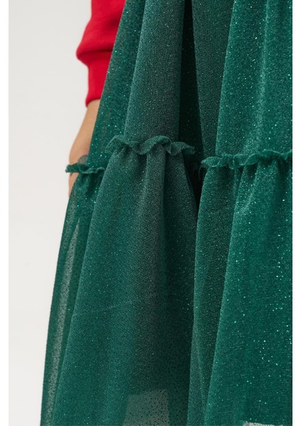 Kız Çocuk Pamuklu Kırmızı Geyik Desenli Sweatshirt ve Yeşil Tül Etek Takımı - Yılbaşı Konseptli