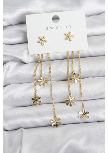 Papatya Model Gold Renk Pirinç Sallantılı Kadın Küpe