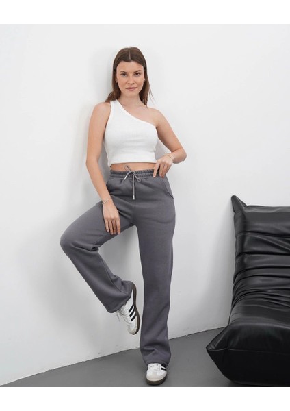 3 Iplik Şardonlu Palazzo Pantolon Füme MD64