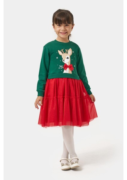 Kız Çocuk Pamuklu Yeşil Geyik Desenli Sweatshirt ve Kırmızı Tül Etek Takımı - Yılbaşı Konseptli fiyatları