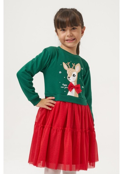 Kız Çocuk Pamuklu Yeşil Geyik Desenli Sweatshirt ve Kırmızı Tül Etek Takımı - Yılbaşı Konseptli fırsatları