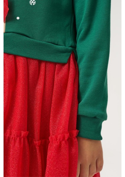 Kız Çocuk Pamuklu Yeşil Geyik Desenli Sweatshirt ve Kırmızı Tül Etek Takımı - Yılbaşı Konseptli