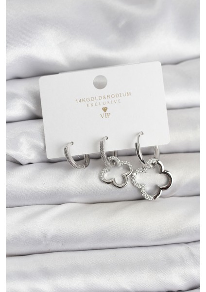 Yonca Model Gümüş Renk Pirinç 3'lü Kadın Küpe Seti