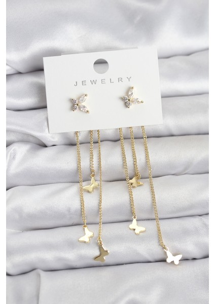 Kelebek Model Gold Renk Pirinç Sallantılı Kadın Küpe
