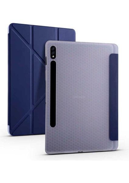 Galaxy Tab S7 T870 Kılıf Uyumlu Akre Tri Folding Kalem Bölmeli Standlı Kılıf-Lacivert