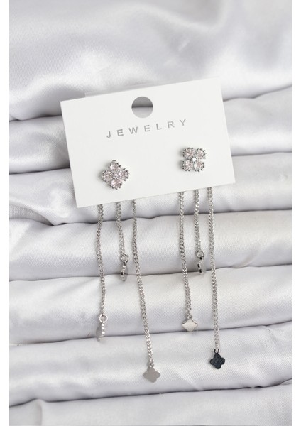 Pirinç Gümüş Renk Yonca Model Sallantılı Kadın Küpe