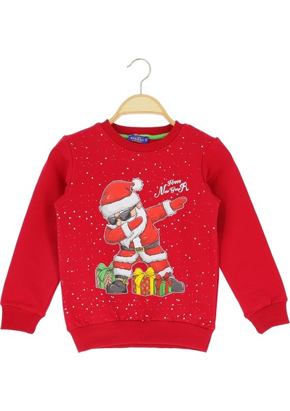 Noel Baba Baskılı Yılbaşı Kırmızı Erkek Sweatshirt