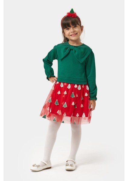 Kız Çocuk Pamuklu Yeşil Fiyonklu Uzun Kollu Kırmızı Ağaç Desenli Tüllü Elbise - Yılbaşı Konseptli