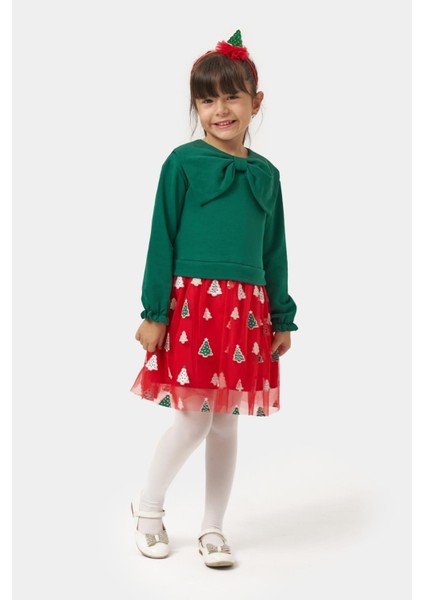 Kız Çocuk Pamuklu Yeşil Fiyonklu Uzun Kollu Kırmızı Ağaç Desenli Tüllü Elbise - Yılbaşı Konseptli fiyatları
