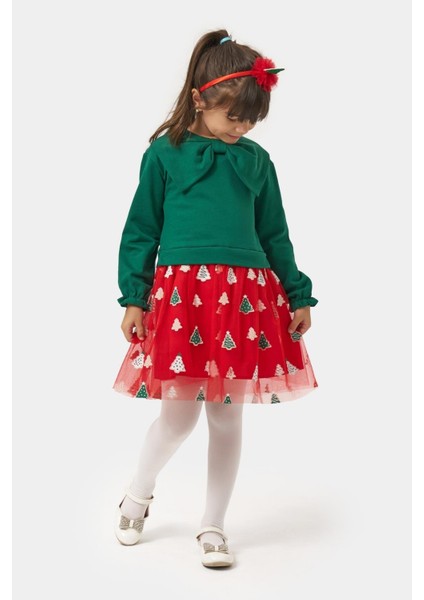 Kız Çocuk Pamuklu Yeşil Fiyonklu Uzun Kollu Kırmızı Ağaç Desenli Tüllü Elbise - Yılbaşı Konseptli modelleri