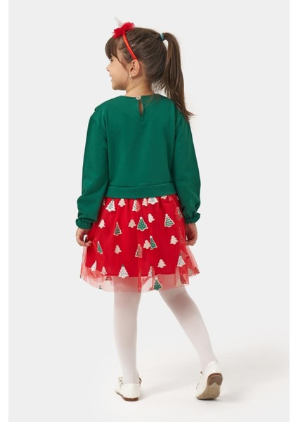 Kız Çocuk Pamuklu Yeşil Fiyonklu Uzun Kollu Kırmızı Ağaç Desenli Tüllü Elbise - Yılbaşı Konseptli fırsatları