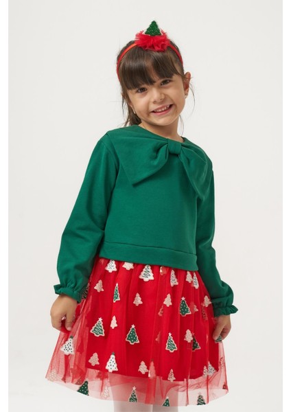 Kız Çocuk Pamuklu Yeşil Fiyonklu Uzun Kollu Kırmızı Ağaç Desenli Tüllü Elbise - Yılbaşı Konseptli indirimleri