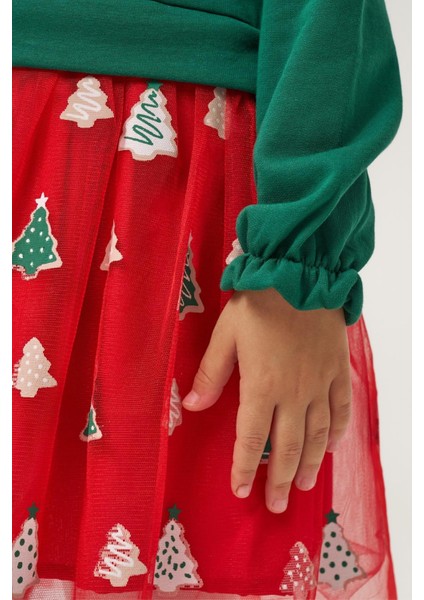Kız Çocuk Pamuklu Yeşil Fiyonklu Uzun Kollu Kırmızı Ağaç Desenli Tüllü Elbise - Yılbaşı Konseptli