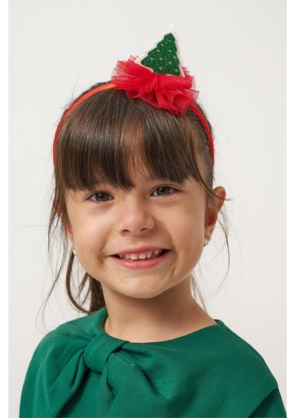 Kız Çocuk Pamuklu Yeşil Fiyonklu Uzun Kollu Kırmızı Ağaç Desenli Tüllü Elbise - Yılbaşı Konseptli