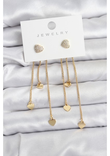 Kalp Model Gold Renk Pirinç Sallantılı Kadın Küpe