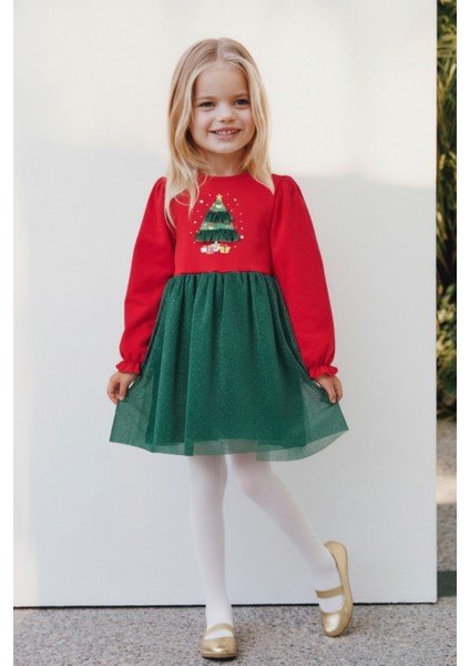 Kız Çocuk Pamuklu Kırmızı Yeşil Yılbaşı Ağacı Desenli Tüllü Elbise - Parıltılı Etek Detaylı