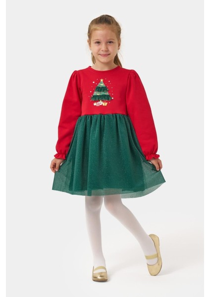Kız Çocuk Pamuklu Kırmızı Yeşil Yılbaşı Ağacı Desenli Tüllü Elbise - Parıltılı Etek Detaylı fiyatları