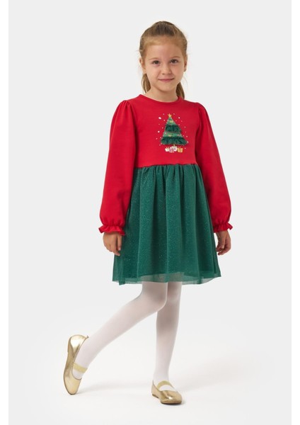 Kız Çocuk Pamuklu Kırmızı Yeşil Yılbaşı Ağacı Desenli Tüllü Elbise - Parıltılı Etek Detaylı fırsatları