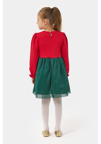 Kız Çocuk Pamuklu Kırmızı Yeşil Yılbaşı Ağacı Desenli Tüllü Elbise - Parıltılı Etek Detaylı indirimleri