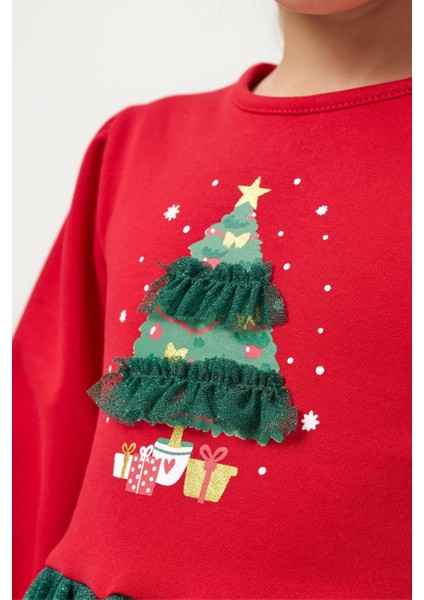 Kız Çocuk Pamuklu Kırmızı Yeşil Yılbaşı Ağacı Desenli Tüllü Elbise - Parıltılı Etek Detaylı