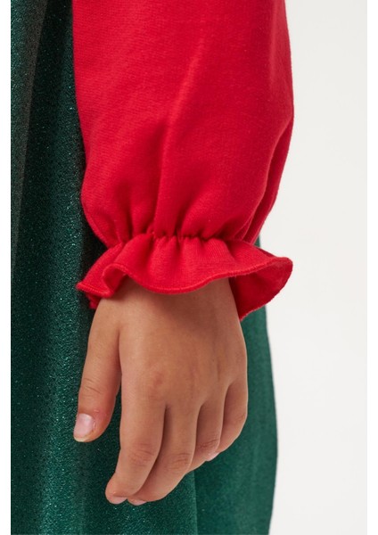 Kız Çocuk Pamuklu Kırmızı Yeşil Yılbaşı Ağacı Desenli Tüllü Elbise - Parıltılı Etek Detaylı