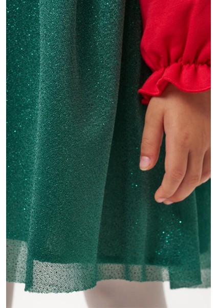 Kız Çocuk Pamuklu Kırmızı Yeşil Yılbaşı Ağacı Desenli Tüllü Elbise - Parıltılı Etek Detaylı