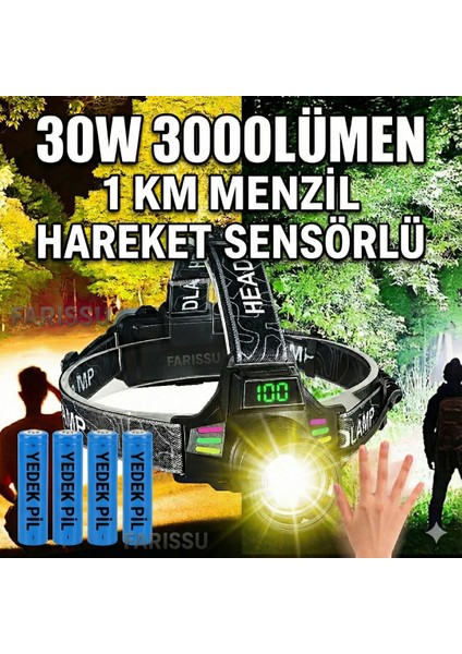 Yedek Pilli 30W Sensörlü Kafa Lambası - Dijital Şarj Göstergeli, 3000 Lümen, Type-C Şarjlı Su Geçirmez