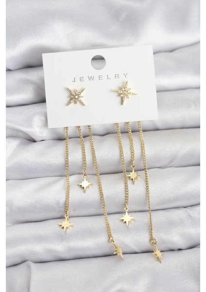 Kutup Yıldızı Model Gold Renk Pirinç Sallantılı Kadın Küpe