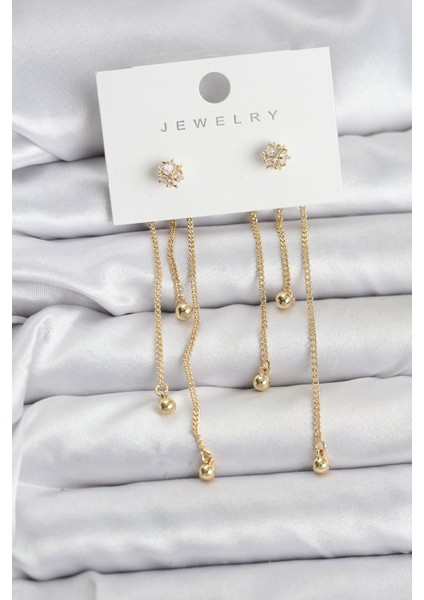 Topçuk Model Gold Renk Pirinç Sallantılı Kadın Küpe Seti