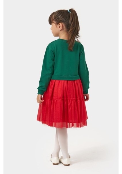 Kız Çocuk Pamuklu Yeşil Geyik Desenli Sweatshirt ve Kırmızı Tül Etek Takımı - Yılbaşı Konseptli modelleri