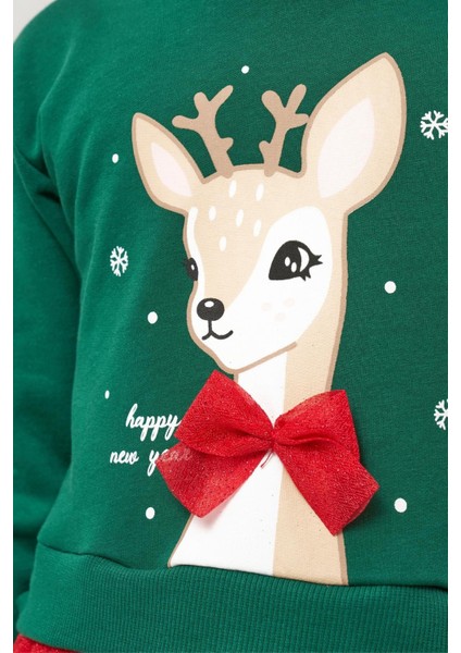 Kız Çocuk Pamuklu Yeşil Geyik Desenli Sweatshirt ve Kırmızı Tül Etek Takımı - Yılbaşı Konseptli indirimleri