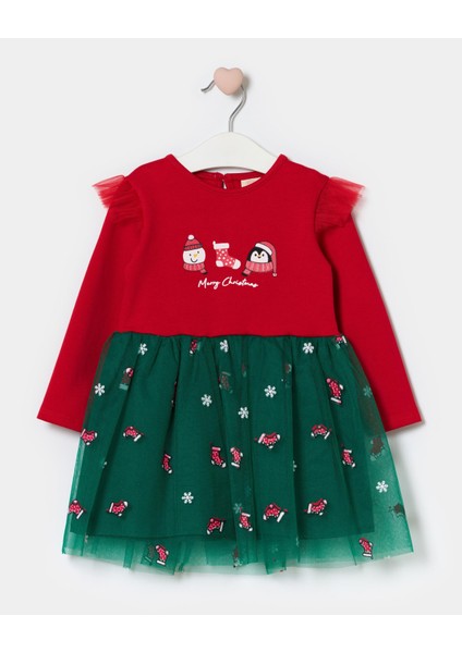 Kız Çocuk Pamuklu Kırmızı Penguen ve Kardan Adam Temalı Tül Etekli Noel Elbise