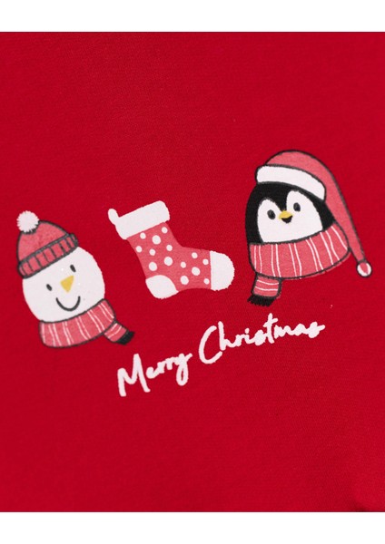 Kız Çocuk Pamuklu Kırmızı Penguen ve Kardan Adam Temalı Tül Etekli Noel Elbise modelleri