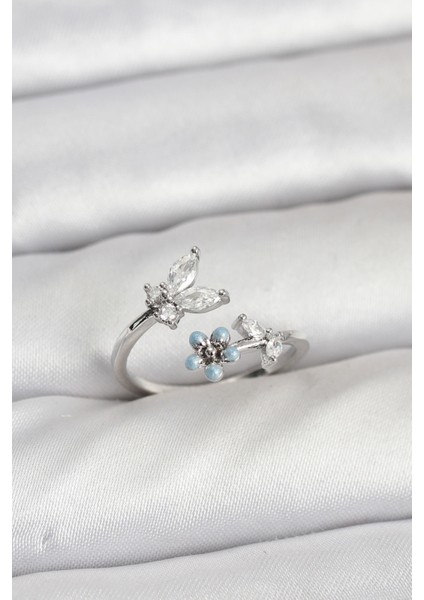 Pirinç Gümüş Renk Kelebek Model Kadın Yüzük