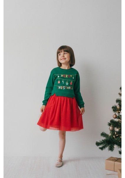 Kız Çocuk Pamuklu Yeşil Üst Kırmızı Tüllü Yeni Yıl Temalı Elbise - Merry Christmas Baskılı